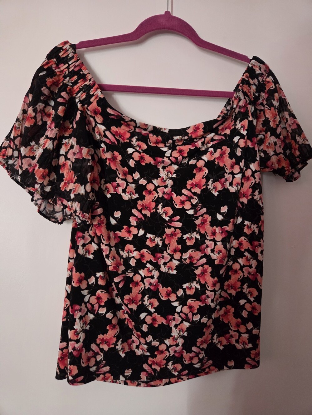 White House Black Market Black Floral Off-Shoulder Top with Pink Flowers